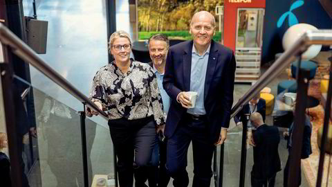 Finansdirektør Tone Bachke (fra venstre), Norden-sjef Jørgen Rostrup og konsernsjef Sigve Brekke i Telenor.