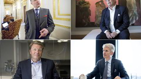 Øverst fra venstre: Clarksons Securities-sjef Erik Helberg, arbeidende styreleder i ABG Sundal Collier Knut Brundtland, Carnegie-sjef Christian Begby og Pareto-sjef Christian Jomaas.