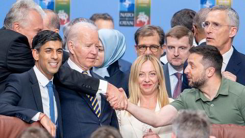 Storbritannias statsminister Rishi Sunak, USAs president Joe Biden, Italias statsminister Giorgia Meloni, Ukrainas president Volodymyr Zelenskyj og Natos generalsekretær Jens Stoltenberg under Nato-toppmøtet i Vilnius.