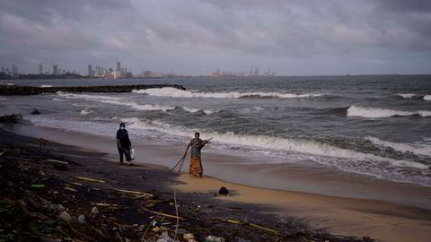 Sri Lankas økonomi har kollapset. Landet har ikke penger til å betale for drivstoff eller livsviktige medisiner. Lokale kvinner samler drivved på en strand ved hovedstaden Colombo mandag 6. juni.