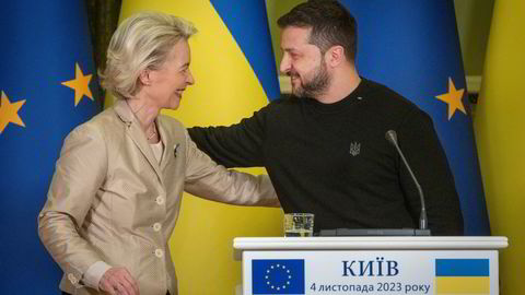 Europakommisjonens president Ursula von der Leyen på besøk hos Ukrainas president Volodymyr Zelenskyj i Kyiv.