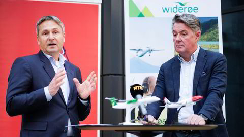 Widerøe-sjef Stein Nilsen (fra venstre) og Norwegian-sjef Geir Karlsen går hardt ut mot Konkurransetilsynet før en endelig avgjørelse om Norwegian får kjøpe Widerøe.