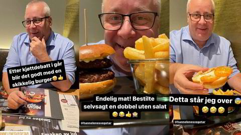 Etter en debatt om kjøttproduksjon i forrige uke koste Bård Hoksrud seg med en «skikkelig burger». Anledningen ble også brukt til å sende en hilsen til vegetarentusiast Hanne-Lene Dahlgren.