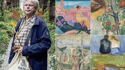 Petter Olsen på Ramme Gård som Edvard Munch eide i en årrekke. Maleriene av Edvard Munch er fra øverst til venstre «Høysommer», «Under de røde epler», «Dans på stranden» og «Løvsprett».