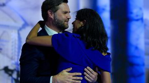 Vice Presidential Nominee Sen. JD Vance embraces his wife Usha Chilukuri Vance during the Republican National Convention Wednesday, July 17, 2024, in Milwaukee. (AP Photo/Julia Nikhinson)