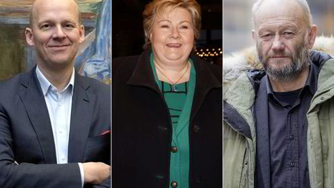 Hvorfor stusser man ikke før saken er i avisen, spør skribenten. Direktør Petter Snare i Kode (fra venstre), Høyre-leder Erna Solberg og Norsk Industri-sjef Stein Lier-Hansen.