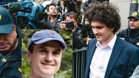 FTX-sjef Sam Bankman-Fried på vei ut av en føderal domstol i New York. Dune-sjef og gründer Fredrik Haga innfelt.