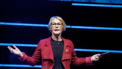 Grieg-gruppen-styreleder Elisabeth Grieg på scenen under She Conference i Oslo Spektrum i 2019. Redertoppen er en mangeårig og profilert stemme for likestilling i norsk næringsliv.