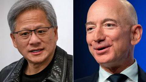 Jensen Huang (venstre) er medgrunnlegger og administrerende direktør i Nvidia. Jeff Bezos er grunnlegger og styreleder i Amazon.