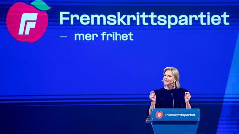 Partileder Sylvi Listhaug taler under Fremskrittspartiets landsmøte.