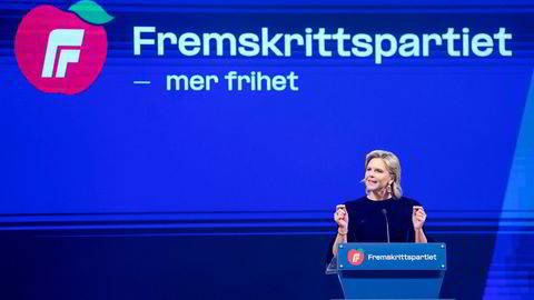 Partileder Sylvi Listhaug taler under Fremskrittspartiets landsmøte.