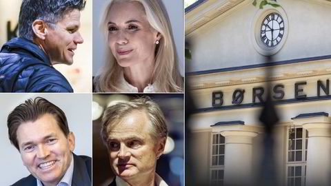 Aasulv Tveitereid (øverst venstre), Celina Midelfart, Arne Fredly (nede til venstre) og Øystein Stray Spetalen er blant de 100 største norske investorene på Oslo Børs.