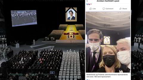 Utenriksminister Anniken Huitfeldts selfie med den nederlandske utenriksminister Wopke Hoekstra (til venstre) og den finske utenriksminister Pekka Haavisto. Begravelsesseremonien for Abe fant sted i Nippon Budokan i Tokyo 27. september.