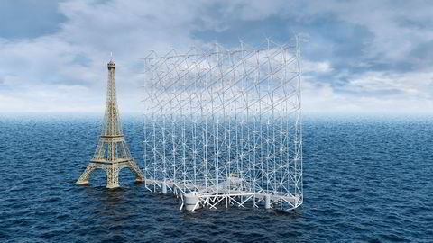 Illustrasjon av Wind Catching Systems' «vindseil,» som viser installasjonens størrelse sammenlignet med Eiffeltårnet.