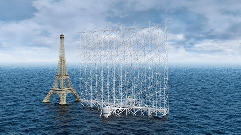 Illustrasjon av Wind Catching Systems' «vindseil,» som viser installasjonens størrelse sammenlignet med Eiffeltårnet.
