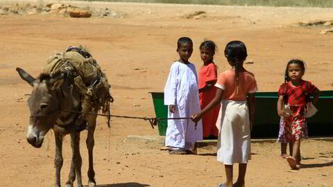 Barn på flukt i kø ved nygravet brønn med grunnvann i det østlige Sudan.