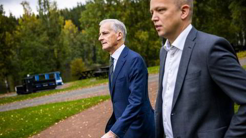 Trygve Slagsvold Vedum (til høyre) og Jonas Gahr Støre legger frem regjeringens forslag til statsbudsjett for 2024 fredag.