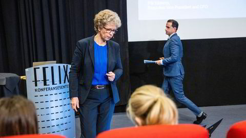 Konsernsjef Hilde Merete Aasheim Hydro og finansdirektør Pål Kildemo på Hydros kvartalpresentasjon.