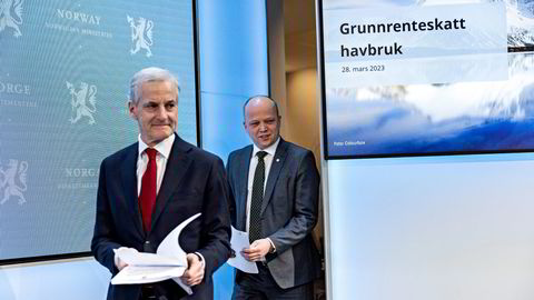 Statsminister Jonas Gahr Støre og finansminister Trygve Slagsvold Vedum presenterte regjeringens endelige forslag til grunnrenteskatt tirsdag.
