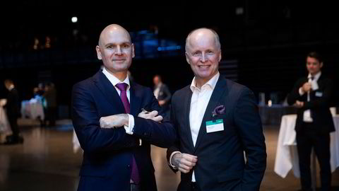 Managing director Christian Pedersen i Tietoevry Create og toppsjef i Tietoevry, Kimmo Alkio (til høyre) på NHOs årskonferanse i Oslo.