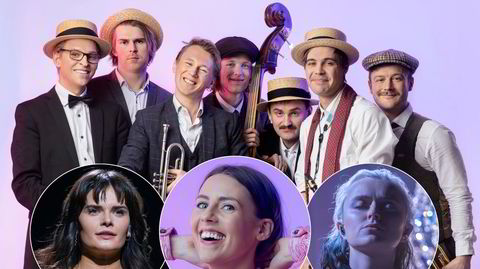 Vinner en av disse artistene kveldens Melodi Grand Prix-finale? Blir det jazzbandet Swing'it, Ulrikke Brandstorp (innfelt, fra venstre), Eline Thorp eller Elsie Bay som sendes til Eurovision-finalen i Liverpool.