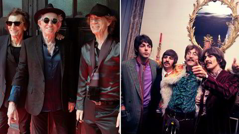 Ron Wood (fra venstre), Keith Richards og Mick Jagger på lanseringsfest for Rolling Stones-albumet «Hackney Diamonds» høsten 2023 og The Beatles på lanseringsfesten for «Sgt. Pepper’s Lonely Hearts Club Band» våren 1967. Alt er vel samme tid nå.