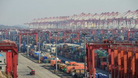 Aktiviteten i kinesisk industri stupte i februar, ifølge de siste PMI-indeksene. Blant annet har antall containere som venter på å bli fraktet økt voldsomt. Her illustrert ved et bilde fra havnen i Shanghai.