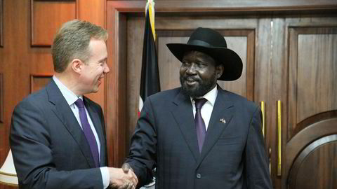 President Salva Kiir, her sammen med daværende utenriksminister Børge Brende (H) i 2014.
