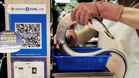 Ant Financials betalingssystem Alipay gjør det mulig å betale med smarttelefon ved flere millioner utsalgssteder i Kina. Her fra et marked i Hong Kong.