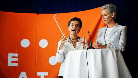 FNs klimasjef Christiana Figueres (tv) og Gunhild Stordalen på Eat Forum 2018.