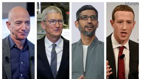 De fire mektige topplederne Jeff Bezos (Amazon), Tim Cook (Apple), Sundar Pichai (Google) og Mark Zuckerberg (Facebook) skal forklare seg for Kongressen onsdag.