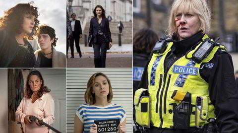 Fem av årets ti beste tv-serier, med klokken, øverst fra venstre: «De voksnes løgnaktige liv», «The Diplomat», «Happy Valley», «Love &amp; Death» og «Hendelser ved vann».