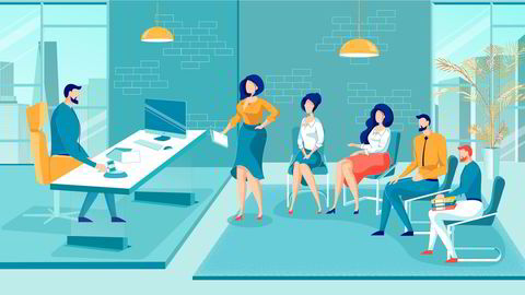 Corporate Business Analysts Group Presents Project to Boss. Business People, Cartoon Characters on Conference or Meeting in Head Office. Work Issues Discussion Process. Flat Vector Illustration.