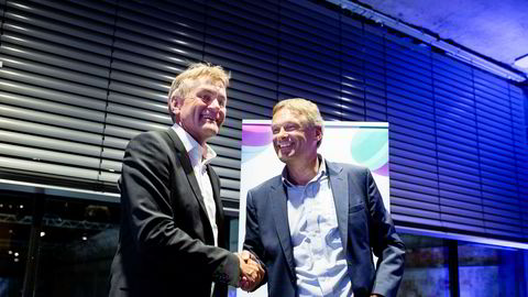 Get og TDC-sjef Gunnar Evensen (til venstre) og administrerende direktør Abraham Foss i Telia Norge under pressekonferansen på Doga i Oslo tirsdag – den samme dagen Telenor slapp sine kvartalstall.