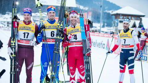 Norsk nedtur. Andrej Larkov (til venstre, Aleksej Poltoranin og Alex Harvey går alle med skifabrikkenes egen binding denne sesongen, mens Hans Christer Holund (til høyre) går på Madshus-ski og Rottefella-bindinger. Her fra en tung norsk dag under nest siste etappe av Tour de Ski.