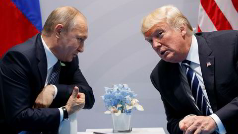 Russlands president Vladimir Putin i samtale med USAs president Donald Trump. Ifølge Washington Post skal et selskap med forbindelser til Kreml ha blandet seg inn i den amerikanske vagkampen og sådd splid. Donald Trump har så langt vært skeptisk til påstander om russisk innblanding.