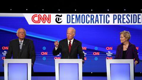Bernie Sanders (fra venstre),  Joe Biden og Elizabeth Warren er de tre største favorittene til å bli demokratenes presidentkandidat neste år.