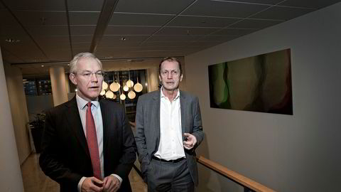 – Resultatet gir i tillegg rom for ytterligere styrking av soliditeten, sier konsernsjef Sverre Thornes (t.v) i KLP. Her sammen med Norfund-sjef Kjell Roland.