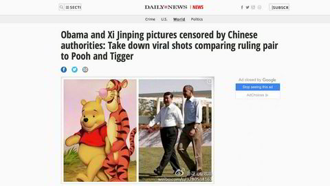 Kinesiske myndigheter har fått nok av bildesammenligninger som dette. Her sammenlignes Ole Brumm og Tigergutt med Xi Jinping og Barack Obama.