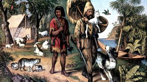 Robinson Crusoe og hans hjelper Fredag. (Currier&amp;Ives litografi, 1874)