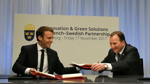 Frankrikes president Emmanuel Macron og Sveriges statsminister Stefan Löfven undertegnet fredag en samarbeidsavtale om innovasjon og grønne løsninger. Foto: Johan Falnes / NTB scanpix