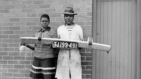 She said to him ’You be the driver and I’ll be the madam,’ then they picked up the fender and posed, Hillbrow 1975.