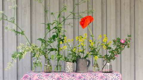 Potluck. Nesten alt kan brukes som vaser (og selv blomster fra grøftekanten blir skjønne arrangert på riktig vis). Vaser, gamle spritflasker og potteskjulere i skjønn forening fylt med hundekjeks, russekål, orientvalmue og en villrose.