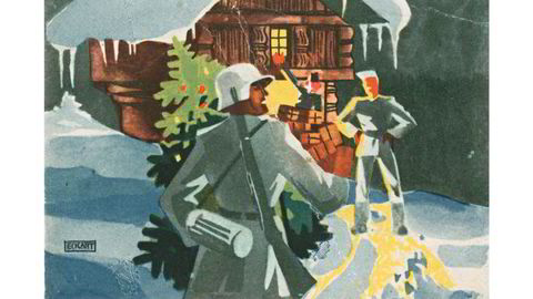 Krigsjul. Dette motivet med tyske soldater og norske stabbur er signert Alfred Eckart og hører hjemme i en serie på ti julekort som ble utgitt av den såkalte Luftgaukommando Norwegen i 1940–1941.