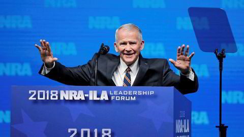 Oliver North på NRA-kongressen i Dallas sist uke. Han blir nå sjef for den mektige organisasjonen med rundt fem millioner medlemmer.