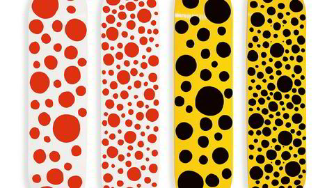 Kan du noen triks, da? Med utgangspunkt i «Dots Obsession» fra 1994 har Yayoi Kusama utsmykket brettenes underside; så man bør beherske et par triks for å få vist frem arbeidet.