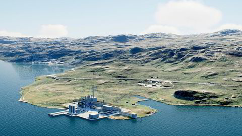 Illustrasjon av ammoniakkfabrikken som Horisont Energi vil bygge i Finnmark. Det skulle Equinor og Vår Energi være med på, inntil de trakk seg fra samarbeidsavtalen denne uken, og Horisont-aksjen kollapset. Illustrasjon: Horisont Energi