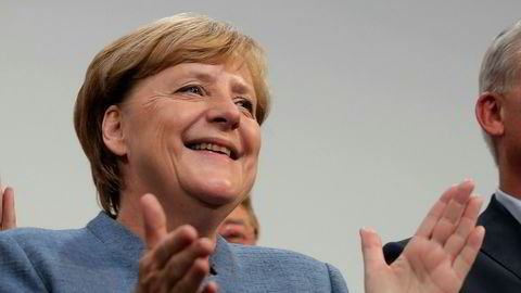 Forbundskansler Angela Merkel feirer valgseieren i Berlin søndag. Nå dreier alt seg om forhandlingene om ny regjering.