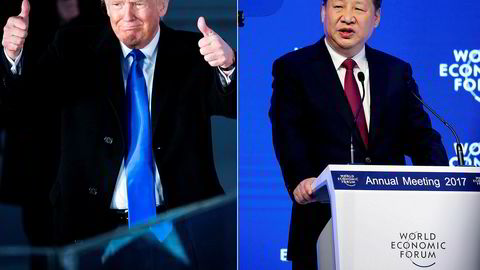 Hvem er verdens mektigste? Mens Donald Trump denne uken overtok som president i USA, markerte Kinas president Xi Jinping i Davos at Kina spiller en stadig mer fremtredende rolle på den internasjonale arena. Foto: Andy Lyons/AFP/NTB Scanpix oig Jason Alden/Bloomberg