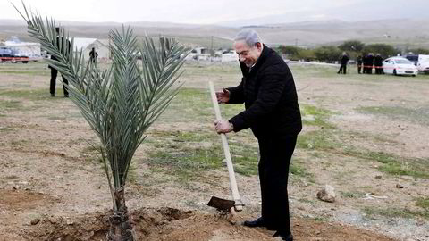 Statsminister Benjamin Netanyahu plantet et tre i den israelske bosetningen Mevo'ot Yericho på den okkuperte Vestbredden mandag. Han har ikke kommentert avsløringen om appen partiet hans bruker i valgkampen.